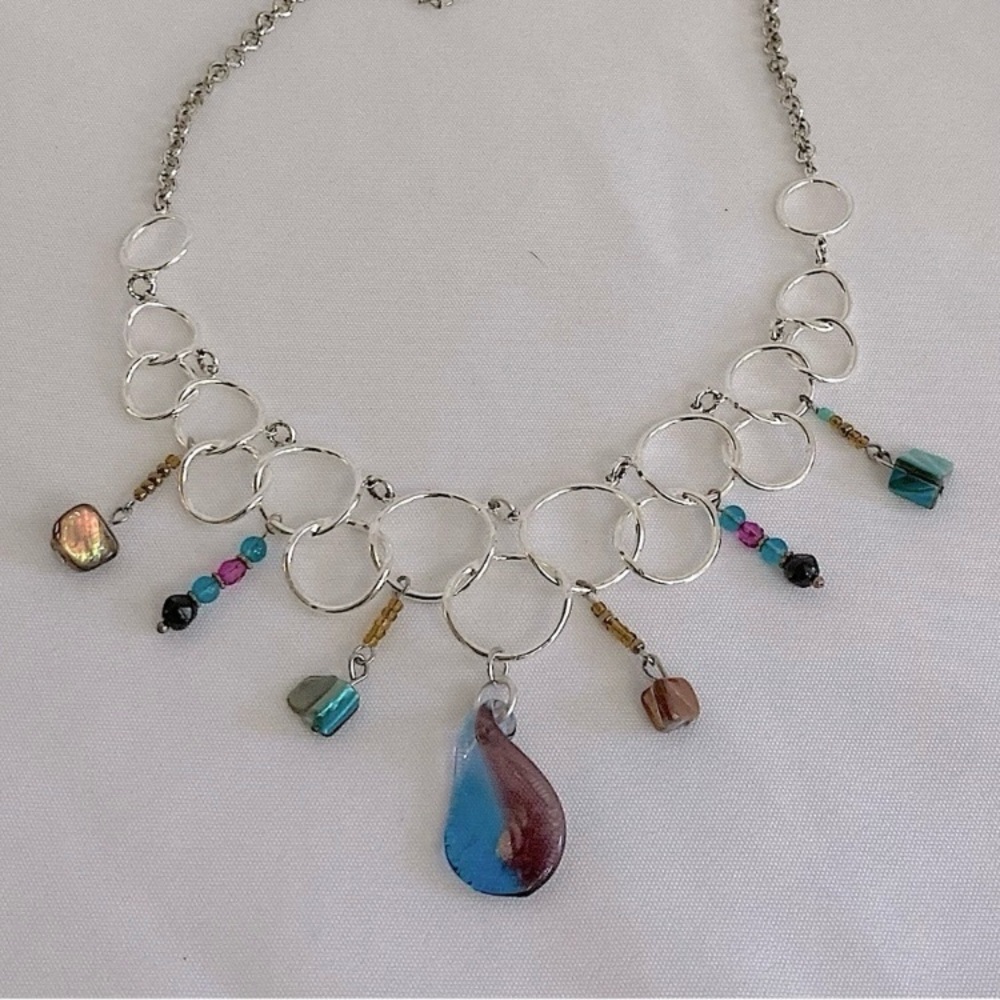 Handmade Unique Silver Rings Rainbow Beaded Statement Necklace